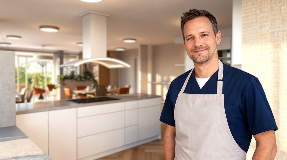 Ein Mann mit Schürze steht vor einer Kücheninsel