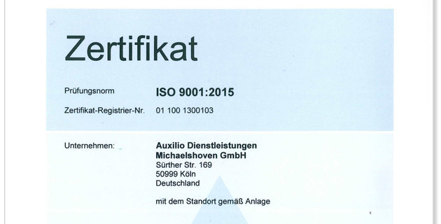 Auxilio Dienstleistung Michaelshoven erneut zertifiziert Auszeichnung Auxilio