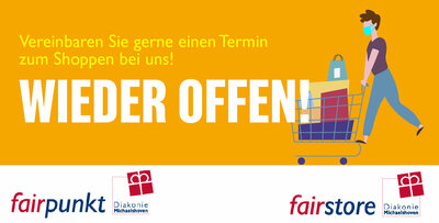 fairstore und fairpunkt wieder offen: Zeichnung einer Frau mit Einkaufswagen.