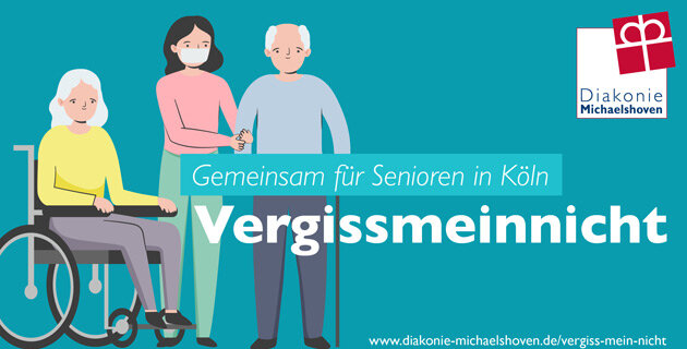Vergissmeinnicht (Spendenkampagen 2020) Vergissmeinnicht (Spendenkampagen 2020): Zeichnung einer Pflegerin mit Maske, eines Seniors mit Gehstock und einer Seniorin im Rollstuhl.