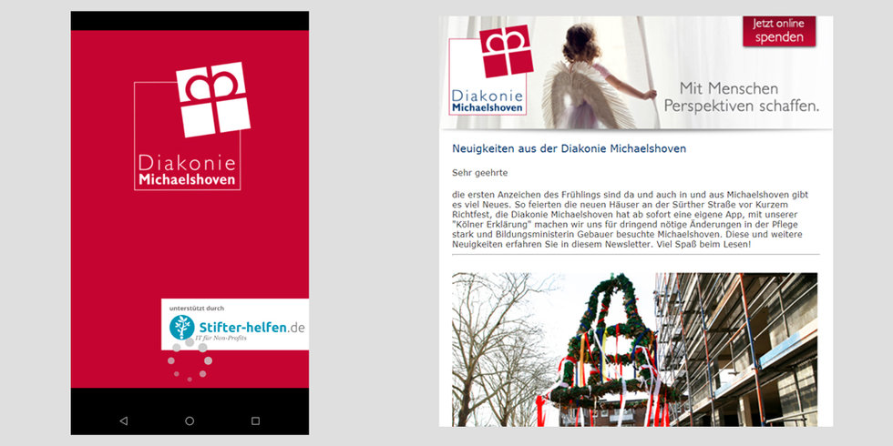 Abbildung der App und des Newsletters der Diakonie Michaelshoven