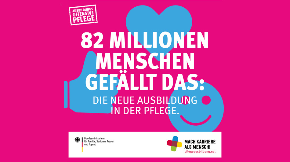 Kampagne Generalistische Pflegeausbildung: Mehrere Emojis und der Schriftzug "82 Millionen Menschen gefällt das".