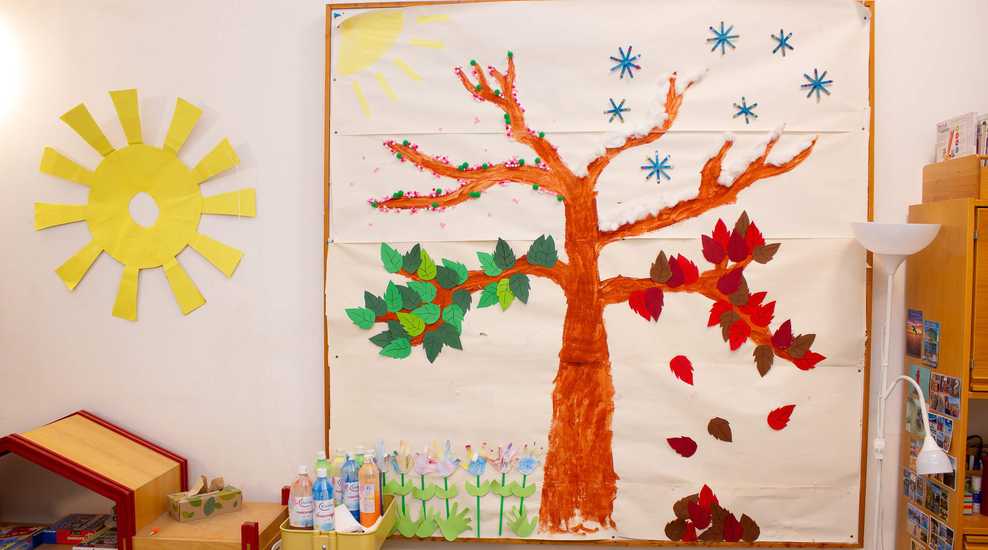 Ein gemalter Baum an der Wand der Kita Blumenallee