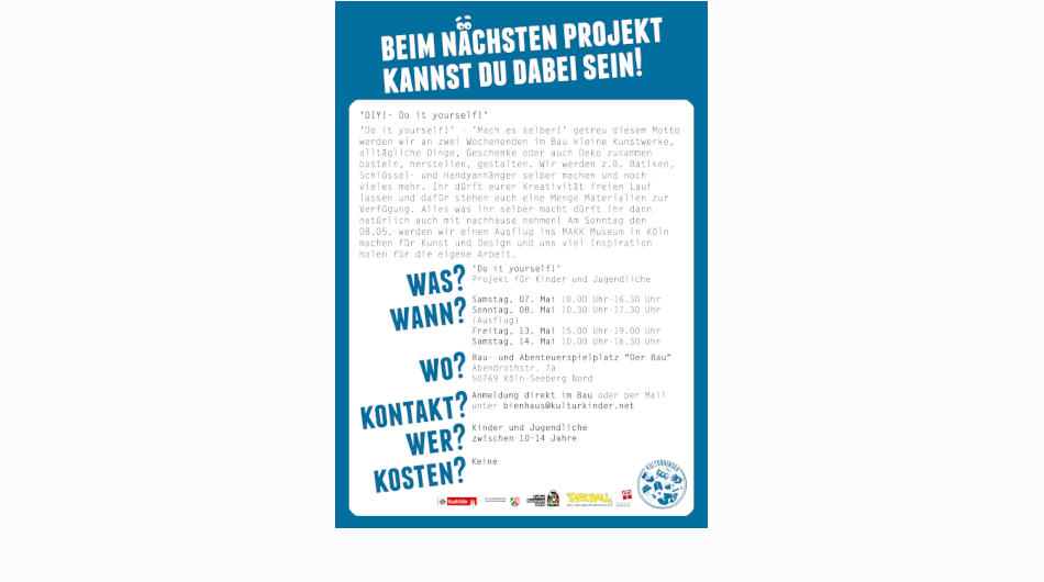 Plakat zum Do-it-yourself-Workshop des Bau- und Abenteuerspielplatzes in Köln.