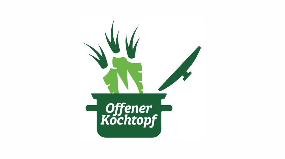 Zeichung eines grünen Kochtopfs mit Gemüse und dem Schriftzug "Offener Kochtopf".