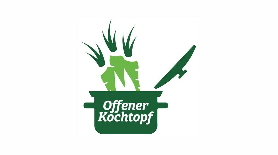 Offener Kochtopf Zeichung eines grünen Kochtopfs mit Gemüse und dem Schriftzug "Offener Kochtopf".