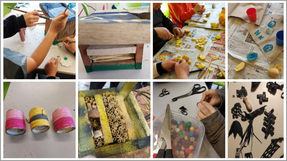 Collage: Kunstwerke des Projekts "Aus Müll mach mehr" im Bau- und Abenteuerspielplatz in Chorweiler.