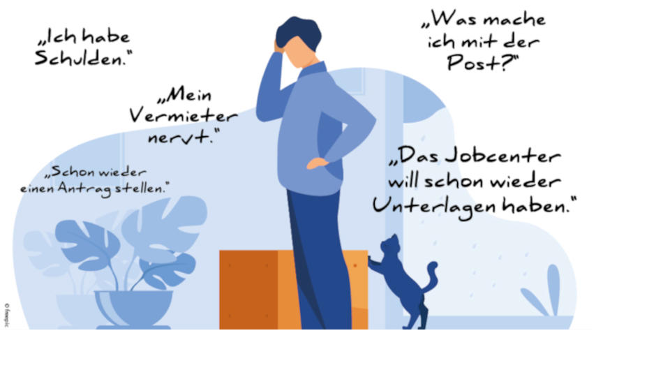 Wohnhilfen Oberberg – Sorgen Wohnhilfen Oberberg: Zeichnung eines Mannes, der verschiedene Sorgen nennt.